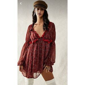 Free People Pennie Printed Babydoll Lace Ruffles Mini Dress S Cherry com…